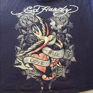 Ed Hardy Navy Tee crop top with True Love Bird Design